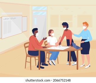 After Covid University Flat Color Vector Illustration. Safe Meeting During Pandemic. Seminar And Workshop. Students With Teacher In Face Masks 2D Cartoon Characters With Interior On Background