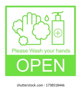 after Covid-19 period, sign on the front door, We're open after quarantine due to COVID-19 (coronavirus), illustration of small business owner. wash your hands, new normal lifestyle and behavior 