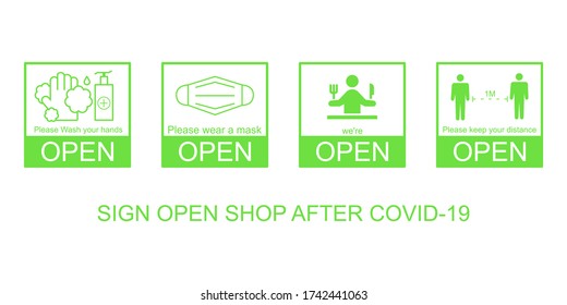 after Covid-19 period, sign on the front door, We're open after quarantine due to COVID-19 (coronavirus), illustration of small business owner, new normal lifestyle and behavior.