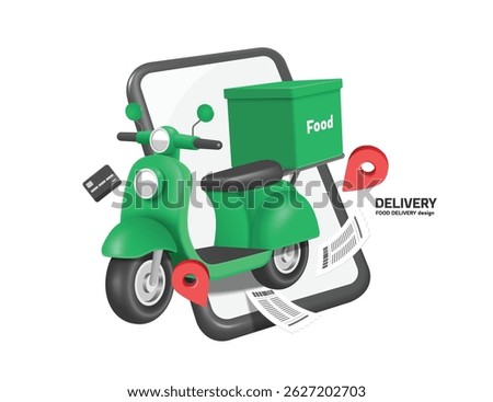 After customer confirms order on application on their mobile phone, a green motorcycle or scooter with rectangular-shaped box or bag at back is ready to food delivery to customer at specified location