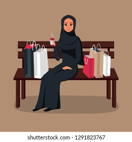 After Day Shopping Arab Woman Sitting On A Bench Surrounded By Colorful Bags And Drinking Coffee. Vector Illustration Isolated From Background 