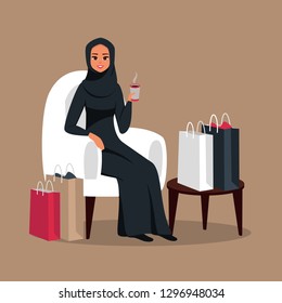 After day shopping Arab woman sitting in a armchair  surrounded by colorful bags and drinking coffee in a cafe. Vector illustration isolated from background 