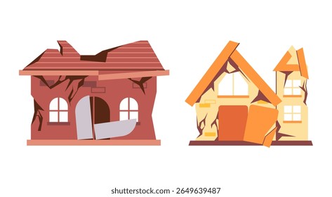 After disaster damaged dilapidated houses cracked walls broken windows collapsing roofs and structural damage representing abandonment destruction