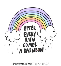 After every rain comes a rainbow. Sticker for social media content. Vector hand drawn illustration design. Bubble pop art comic style poster, t shirt print, post card, video blog cover