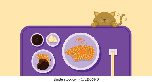 After the food is prepared and ready to eat, a little cat is waiting anxiously for food. Illustration about prepare food.