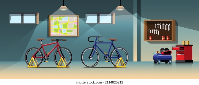 After going to tournaments around the world, cyclists bring their bikes back to the maintenance workshop for repairs. Flat vector illustration design