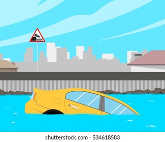 After heavy rain flooded car. Vector illustration