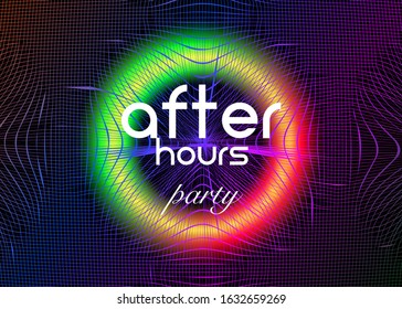 After hours party. Disco Party fluid music. Psychedelic grid with luminescent neon round. Bright abstract retro futuristic background distorted holographic pearly neon mesh. Cyberpunk digital template