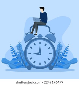 After hours worker concept, confident businessman using laptop computer sitting at work hours at night with colleagues in other country, working overtime or different working time concept.