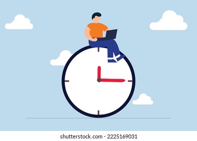 After hours worker, confident businessman using computer laptop sitting on clock working at night with colleague in other country