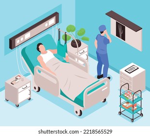 After Injury Isometric Background With Patient Lying In Bed And Doctor Examining Xray Of Broken Arm Vector Illustration