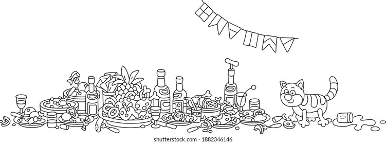 After a joyous celebration, a funny fat cat in good mood walking on a festive table among various drinks and tasty food, black and white outline vector cartoon illustration isolated on a white backgro