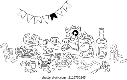 After a joyous celebration, a funny fat cat in good mood on a festive table among various drinks and tasty food, black and white outline vector cartoon illustration isolated on a white background