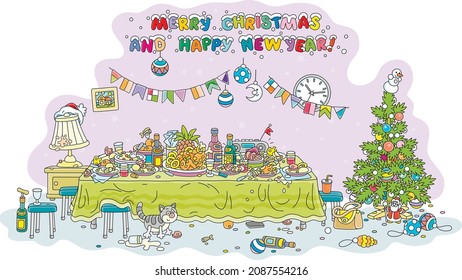 After a joyous New Year celebration with a decorated Christmas tree, funny, noisy and slightly drunk guests at a festive table with various drinks and tasty food, vector cartoon isolated on white