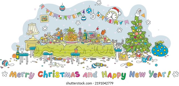 After a joyous New Year celebration with a decorated Christmas tree, funny, noisy and slightly drunk guests at a festive table with various drinks and tasty food, vector cartoon greeting card