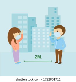 After lock down people change lifestyle to be new normal when go outside home such as keep distance,wearing mask and no shaking hands for safe from coronavirus.vector illustration.