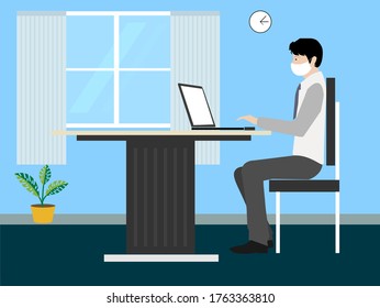 After Lockdown due to corona virus  Employee or Manager working on laptop for video conference in company cabin with white mask Concept