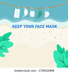 After lockdown people go out to travel the beach with their face mask and after that they discarded mask on the beach too.Picture show that shouldn’t discarded mask on the beach.vector illustration 