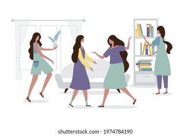 After a long time not seeing each other, 4 women arranged to meet at home. vector illustration flat design