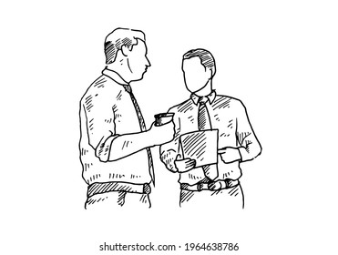 After the meeting, while walking into the workroom the two workers discussed holding a cup of coffee and holding a file. vector draw graphic design illustration sketch
