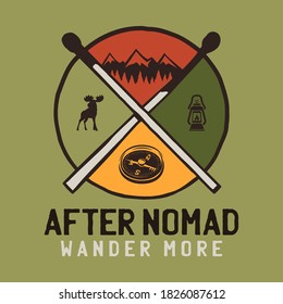 After Nomad wander more logo, retro camping adventure emblem design with mountains and tree. Unusual vintage art retro style sticker. Stock vector patch