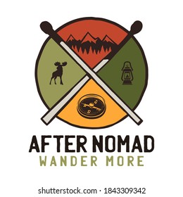 After Nomad wander more logo, retro camping adventure emblem design with mountains and tree. Unusual vintage art retro style sticker. Stock vector art