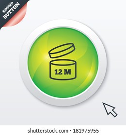 After opening use 12 months sign icon. Expiration date. Green shiny button. Modern UI website button with mouse cursor pointer. Vector