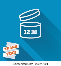 After opening use 12 months sign icon. Expiration date. White flat icon with long shadow. Paper ribbon label with Thank you text. Vector
