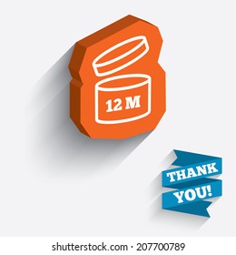 After opening use 12 months sign icon. Expiration date. White icon on orange 3D piece of wall. Carved in stone with long flat shadow. Vector