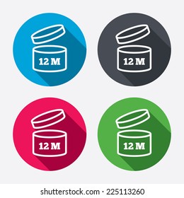 After opening use 12 months sign icon. Expiration date. Circle buttons with long shadow. 4 icons set. Vector
