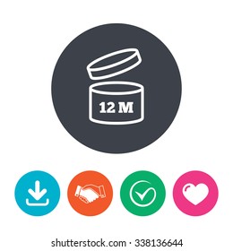 After opening use 12 months sign icon. Expiration date. Download arrow, handshake, tick and heart. Flat circle buttons.