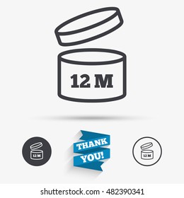 After opening use 12 months sign icon. Expiration date. Flat icons. Buttons with icons. Thank you ribbon. Vector