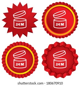 After opening use 24 months sign icon. Expiration date. Red stars stickers. Certificate emblem labels. Vector