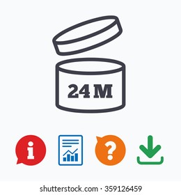 After opening use 24 months sign icon. Expiration date. Information think bubble, question mark, download and report.