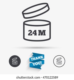 After opening use 24 months sign icon. Expiration date. Flat icons. Buttons with icons. Thank you ribbon. Vector