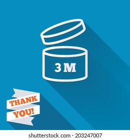 After opening use 3 months sign icon. Expiration date. White flat icon with long shadow. Paper ribbon label with Thank you text. Vector