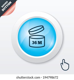 After opening use 36 months sign icon. Expiration date. Blue shiny button. Modern UI website button with hand cursor pointer. Vector