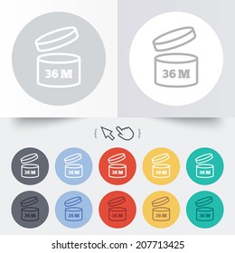 After opening use 36 months sign icon. Expiration date. Round 12 circle buttons. Shadow. Hand cursor pointer. Vector
