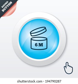 After opening use 6 months sign icon. Expiration date. Blue shiny button. Modern UI website button with hand cursor pointer. Vector