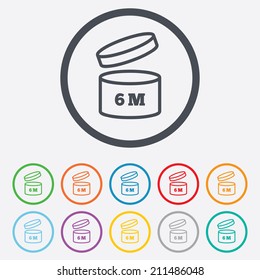 After opening use 6 months sign icon. Expiration date. Round circle buttons with frame. Vector