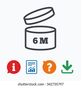 After opening use 6 months sign icon. Expiration date. Information think bubble, question mark, download and report.