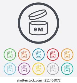 After opening use 9 months sign icon. Expiration date. Round circle buttons with frame. Vector