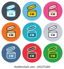 After opening use 9 months sign icon. Expiration date. Colored round buttons. Flat design circle icons set. Vector