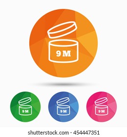 After opening use 9 months sign icon. Expiration date. Triangular low poly button with flat icon. Vector