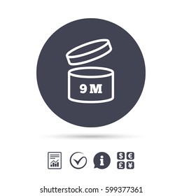 After opening use 9 months sign icon. Expiration date. Report document, information and check tick icons. Currency exchange. Vector