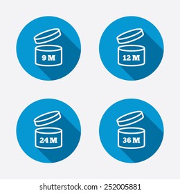 After Opening Use Icons. Expiration Date 9-36 Months Of Product Signs Symbols. Shelf Life Of Grocery Item. Circle Concept Web Buttons. Vector