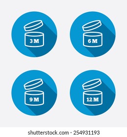 After opening use icons. Expiration date 6-12 months of product signs symbols. Shelf life of grocery item. Circle concept web buttons. Vector