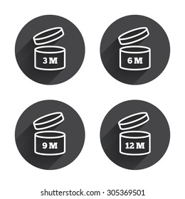 After opening use icons. Expiration date 6-12 months of product signs symbols. Shelf life of grocery item. Circles buttons with long flat shadow. Vector