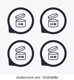 After opening use icons. Expiration date 9-36 months of product signs symbols. Shelf life of grocery item. Flat icon pointers.