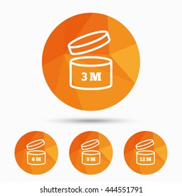 After opening use icons. Expiration date 6-12 months of product signs symbols. Shelf life of grocery item. Triangular low poly buttons with shadow. Vector
